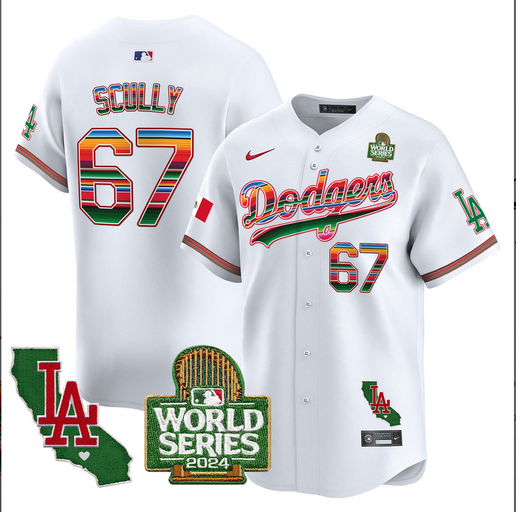 Men MLB Mexico Los Angeles Dodgers #67 Scully white 2024 World Series Champions Patch Jersey 2024110 style 3